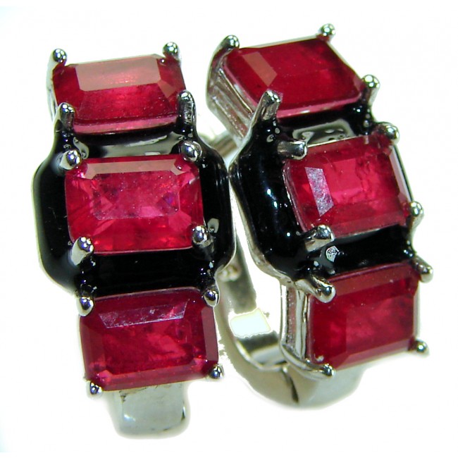 Art Deco 10.2 carat Ruby black enamel .925 Sterling Silver handcrafted earrings