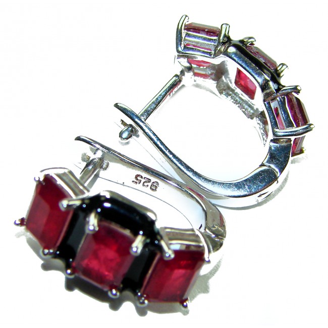 Art Deco 10.2 carat Ruby black enamel .925 Sterling Silver handcrafted earrings