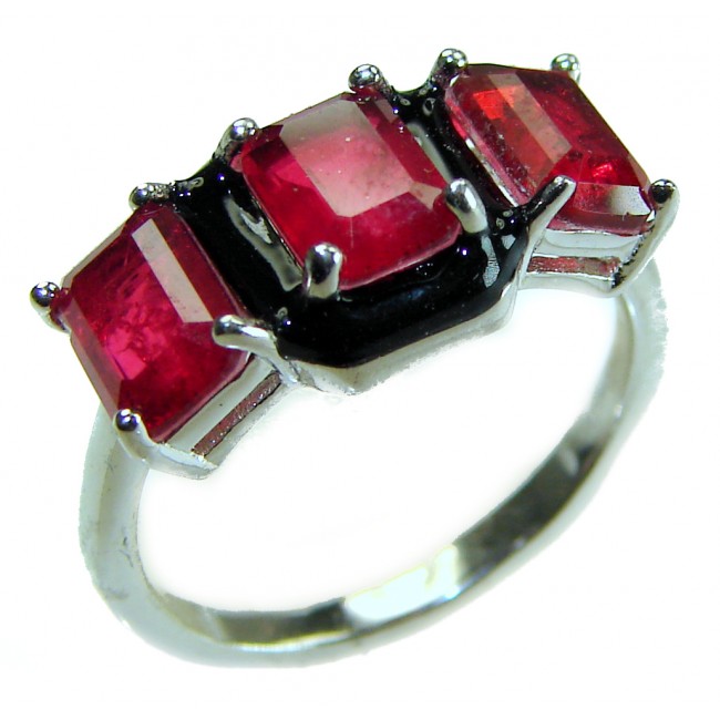 Art Deco Ruby black enamel .925 Sterling Silver handmade Ring size 7