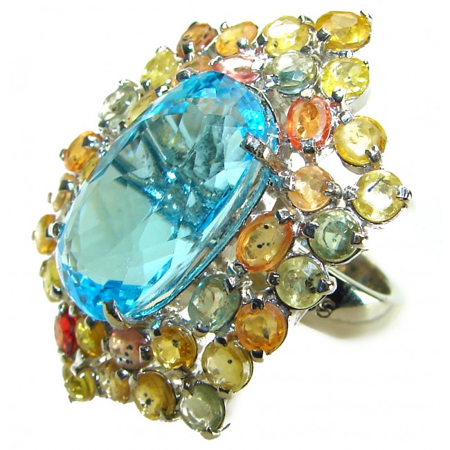 A Wild Ocean genuine 20.8 carat Swiss Blue Topaz Sapphire .925 Sterling Silver handmade Statement Ring size 6 1/4