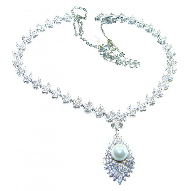 Dazzling Beauty- Exclusive White Topaz real Pearl .925 Sterling Silver handcrafted necklace