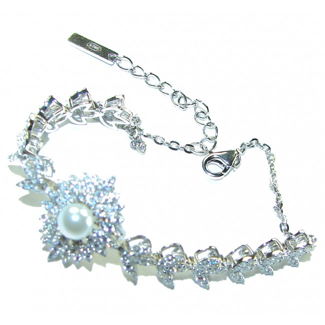 Dazzling Beauty- Exclusive White Topaz real Pearl .925 Sterling Silver handcrafted Bracelet