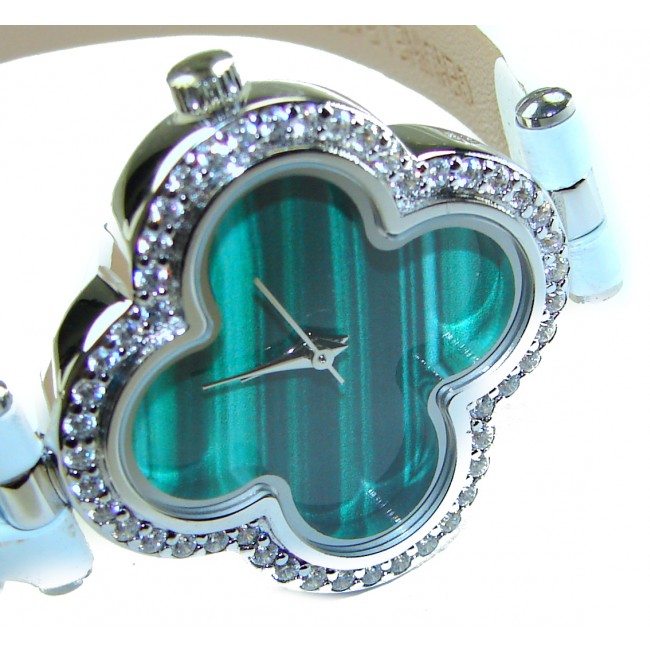 Precious 18.5 carat Authentic Four Leaf Clover Malachite Genuine Leather strap .925 Sterling Silver handmade Watch