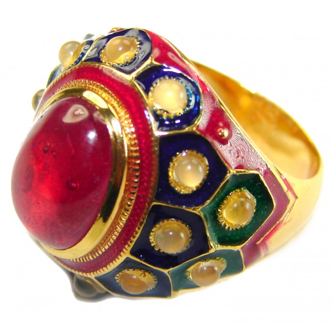 Real Beauty of Nature - natural 12.5 carat Ruby enamel 18K Gold over .925 Sterling Silver handmade Statement Ring size 8