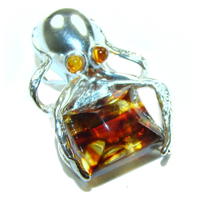 Octopus Holding Secret Chest Natural Baltic Amber .925 Sterling Silver handmade Pendant