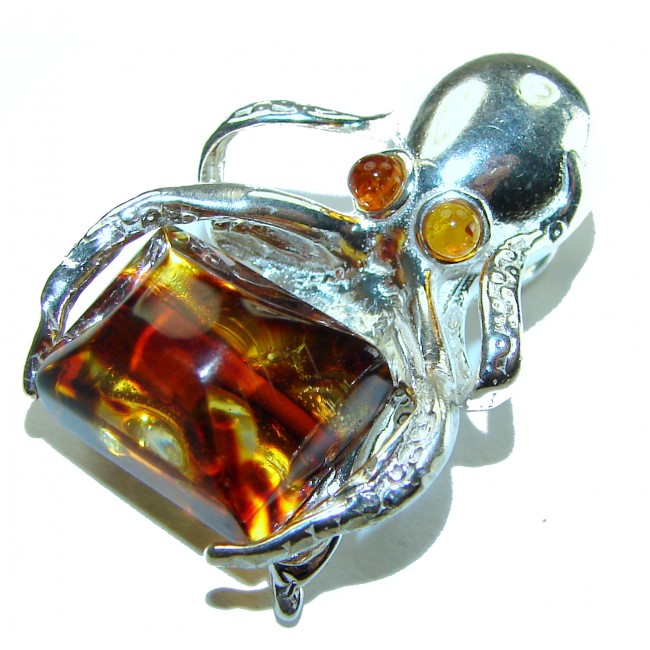 Octopus Holding Secret Chest Natural Baltic Amber .925 Sterling Silver handmade Pendant