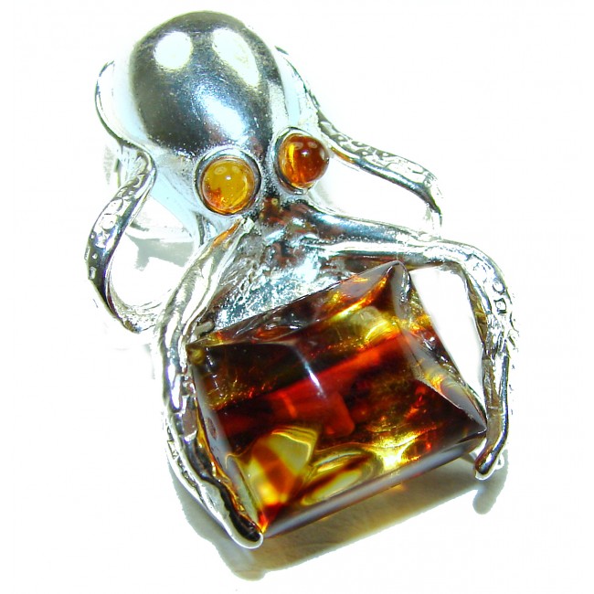 Octopus Holding Secret Chest Natural Baltic Amber .925 Sterling Silver handmade Pendant