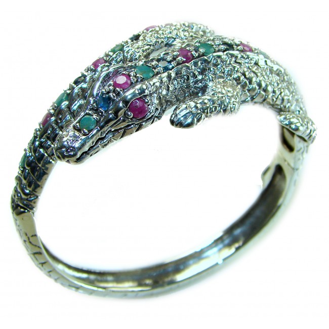 ALLIGATOR Genuine 27.5 carat Ruby Emerald Sapphire .925 Sterling Silver handcrafted Bracelet