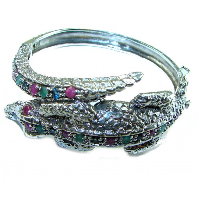 ALLIGATOR Genuine 27.5 carat Ruby Emerald Sapphire .925 Sterling Silver handcrafted Bracelet