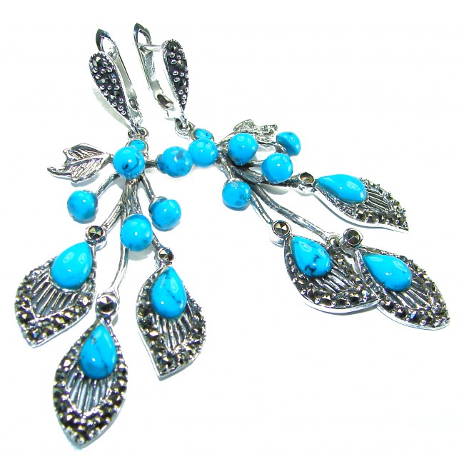 Blue Beauty Natural Turquoise Marcasite .925 Sterling Silver handmade s earrings