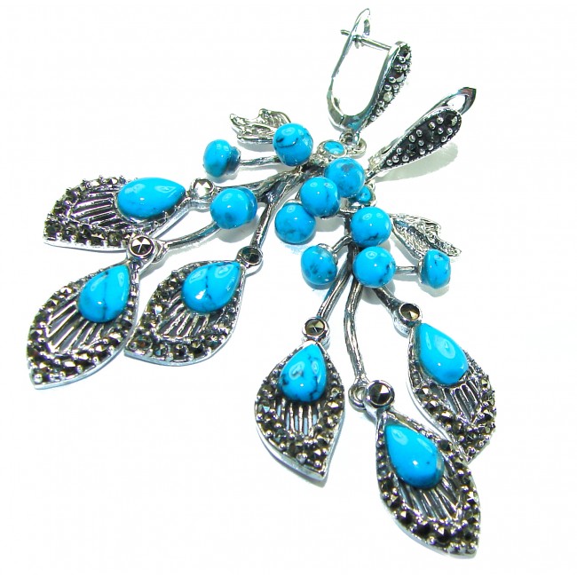 Blue Beauty Natural Turquoise Marcasite .925 Sterling Silver handmade s earrings