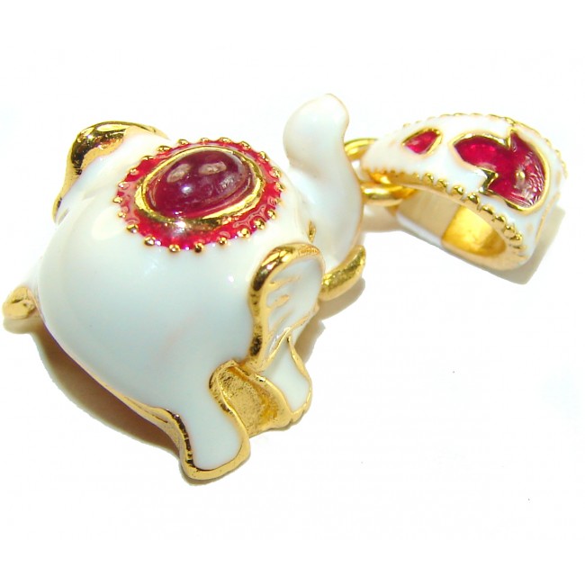 White Elephant Enamel Ruby 18K Gold over .925 Sterling Silver handmade Pendant