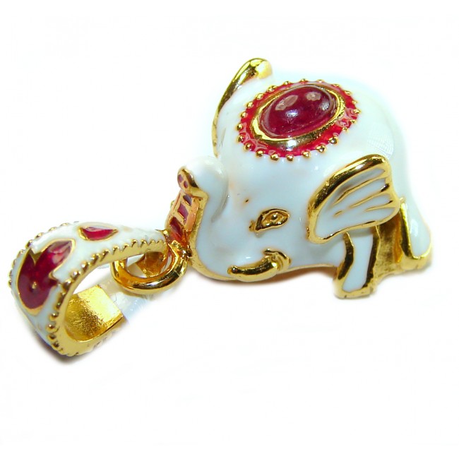 White Elephant Enamel Ruby 18K Gold over .925 Sterling Silver handmade Pendant