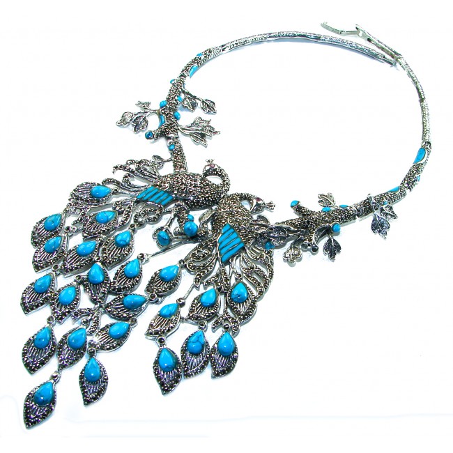 HUGE 112.9 grams Blue Peacocks design genuine Turquoise .925 Sterling Silver handcrafted Necklace