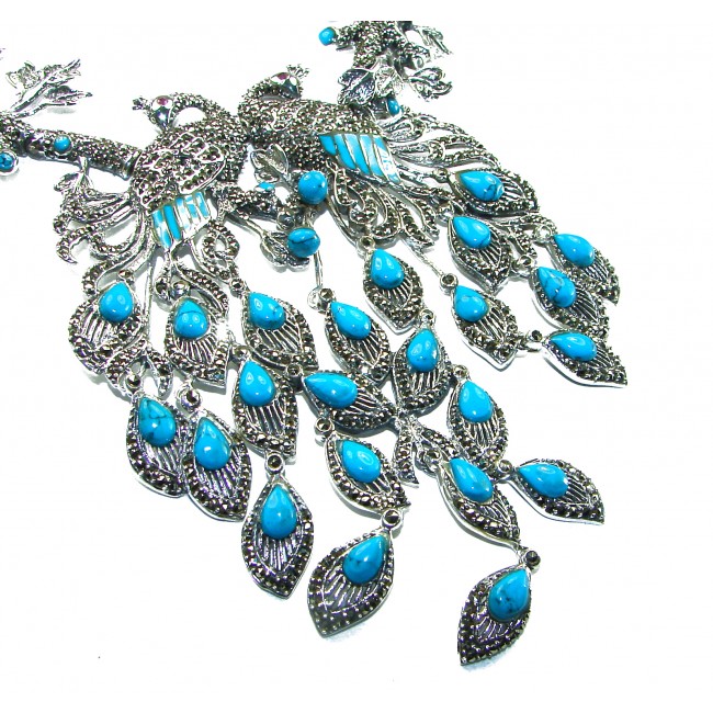 HUGE 112.9 grams Blue Peacocks design genuine Turquoise .925 Sterling Silver handcrafted Necklace