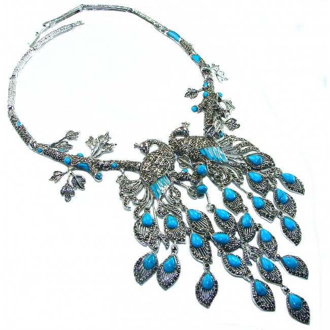 HUGE 112.9 grams Blue Peacocks design genuine Turquoise .925 Sterling Silver handcrafted Necklace