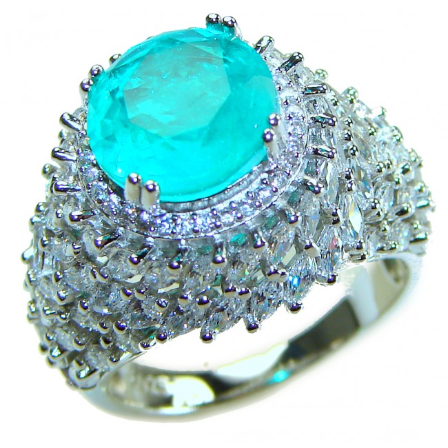 Luxurious Round Cut 6.5 ctw Paraiba Tourmaline .925 Sterling Silver handcrafted Statement Ring size 8