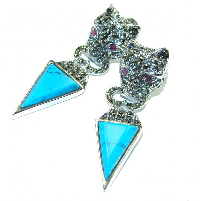 Spectacular Blue Panthers inlay Turquoise .925 Sterling Silver handcrafted Earrings