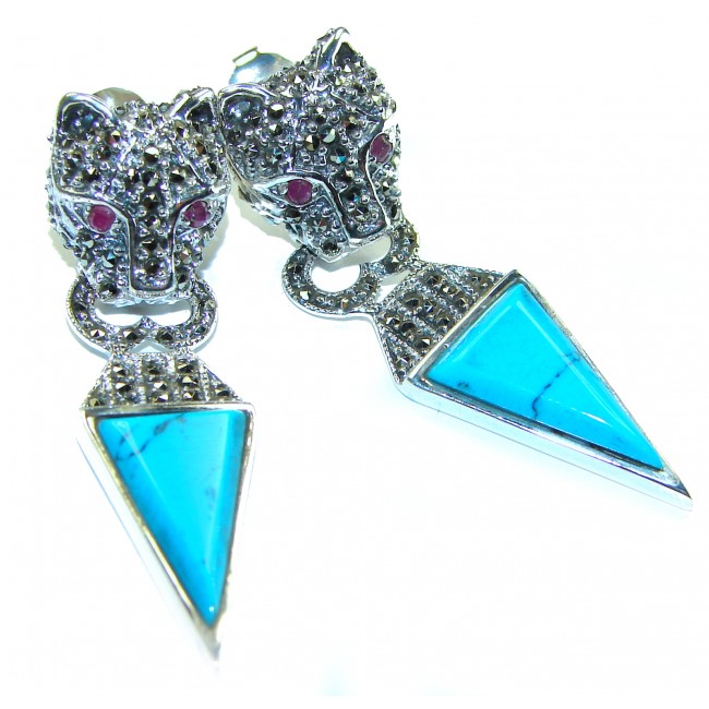 Spectacular Blue Panthers inlay Turquoise .925 Sterling Silver handcrafted Earrings