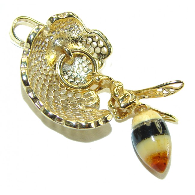 Real Masterpiece Honey Bee Baltic Polish Amber 14K Gold over .925 Sterling Silver Handmade Pendant