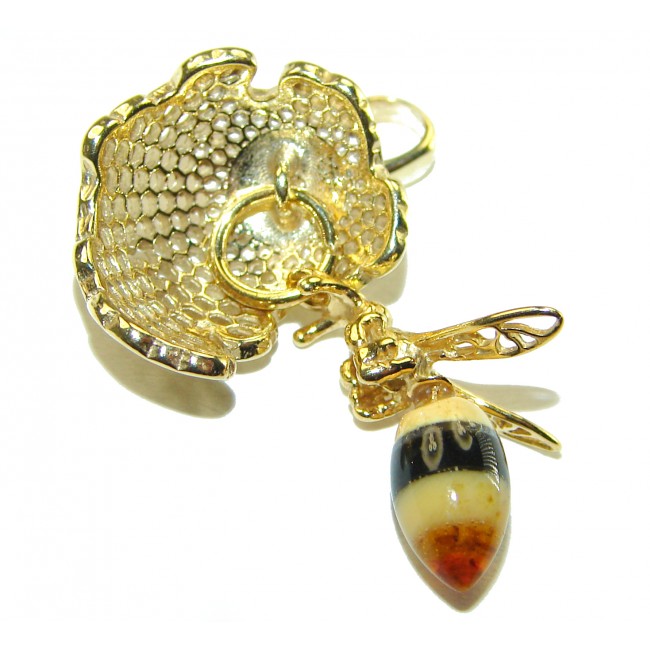 Real Masterpiece Honey Bee Baltic Polish Amber 14K Gold over .925 Sterling Silver Handmade Pendant