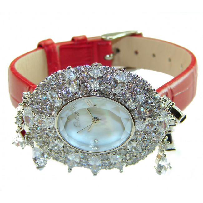 Precious 22.5 carat Authentic White Topaz Genuine Leather strap .925 Sterling Silver handmade Watch