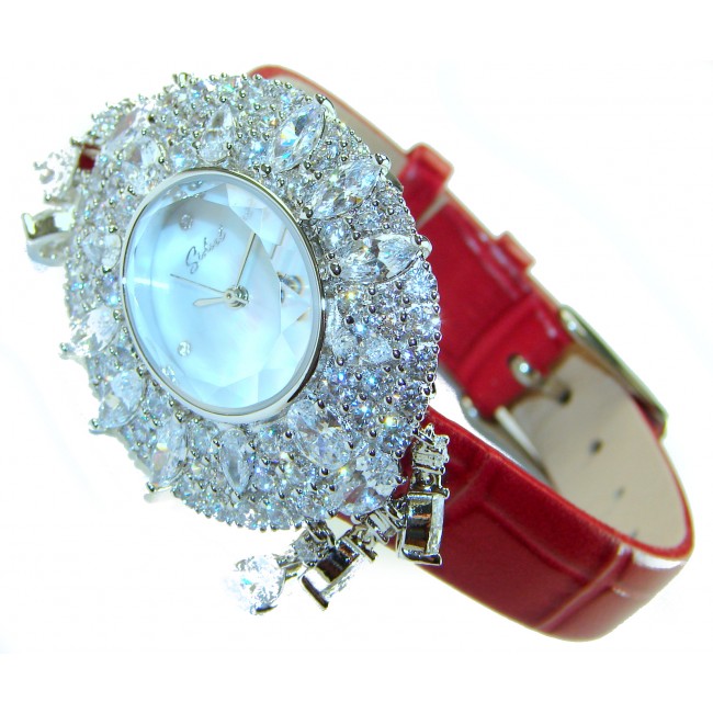 Precious 22.5 carat Authentic White Topaz Genuine Leather strap .925 Sterling Silver handmade Watch