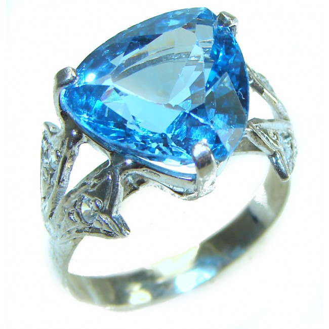 10.5 carat Fancy Trillion cut Swiss Blue Topaz .925 Sterling Silver handmade Ring size 7 1/2