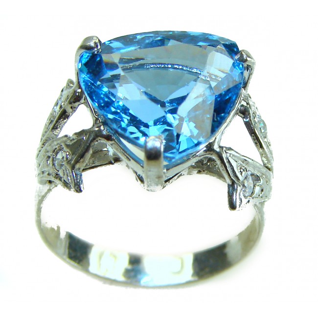 10.5 carat Fancy Trillion cut Swiss Blue Topaz .925 Sterling Silver handmade Ring size 7 1/2