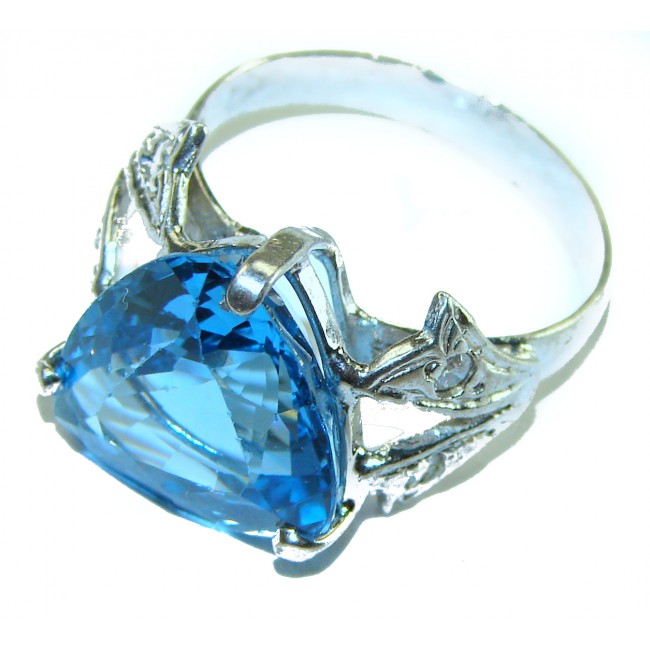 10.5 carat Fancy Trillion cut Swiss Blue Topaz .925 Sterling Silver handmade Ring size 7 1/2