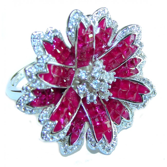 Luxurious Red Flower 9.1 carat Ruby .925 Sterling Silver handcrafted Ring size 6 1/4