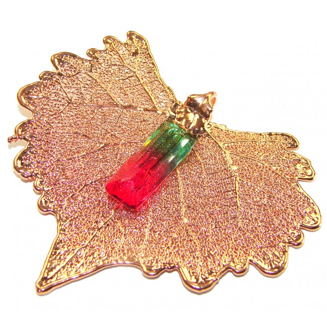 Stylish REAL Leaf Coved with Sterling Silver and 14K Gold 14.5 carat Tourmaline & .925 Sterling Silver Pendant