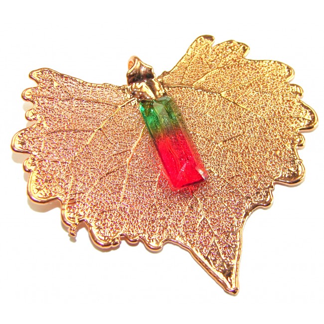 Stylish REAL Leaf Coved with Sterling Silver and 14K Gold 14.5 carat Tourmaline & .925 Sterling Silver Pendant