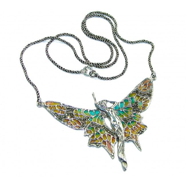 Awesome Flying Fairy Natural Enamel .925 Silver handcrafted Necklace