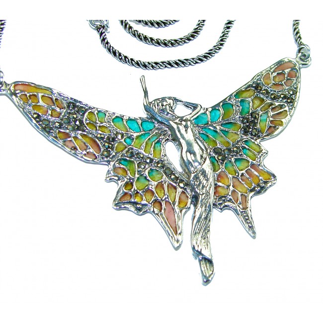 Awesome Flying Fairy Natural Enamel .925 Silver handcrafted Necklace