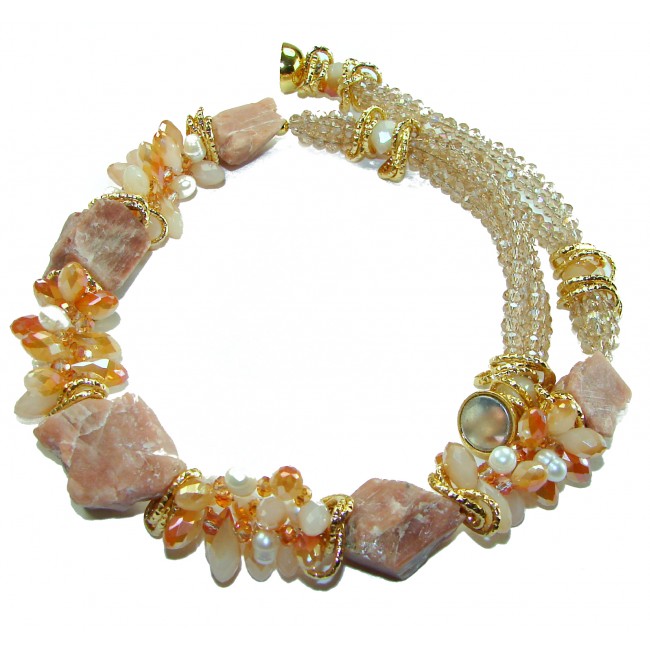 Dazzling vintage natural rough Peach color Calcite 14K Gold over .925 Sterling Silver handcrafted Large necklace