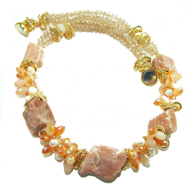 Dazzling vintage natural rough Peach color Calcite 14K Gold over .925 Sterling Silver handcrafted Large necklace