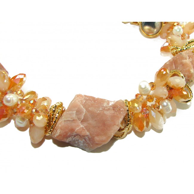 Dazzling vintage natural rough Peach color Calcite 14K Gold over .925 Sterling Silver handcrafted Large necklace