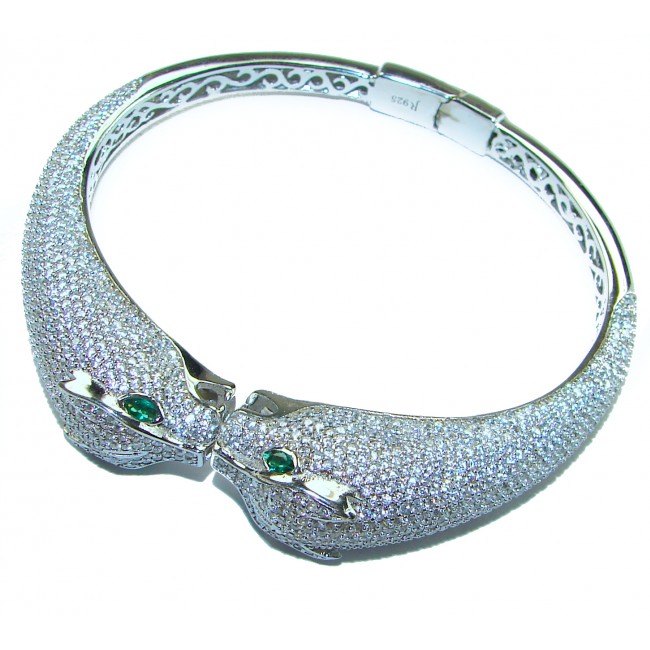 Luxurious Precious Panther Emerald White Topaz .925 Sterling Silver Bracelet