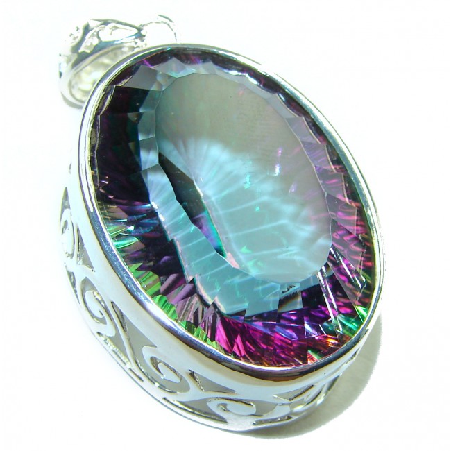 48.2 carat oval cut Mystic Aurora Topaz .925 Sterling Silver handcrafted Pendant