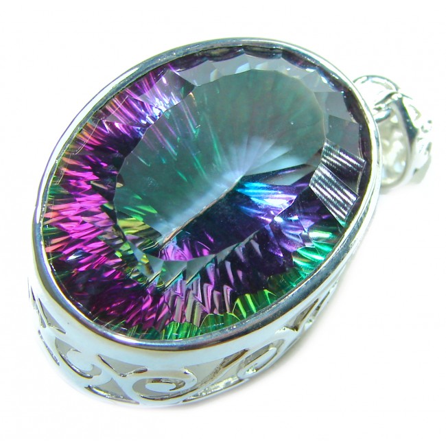 48.2 carat oval cut Mystic Aurora Topaz .925 Sterling Silver handcrafted Pendant