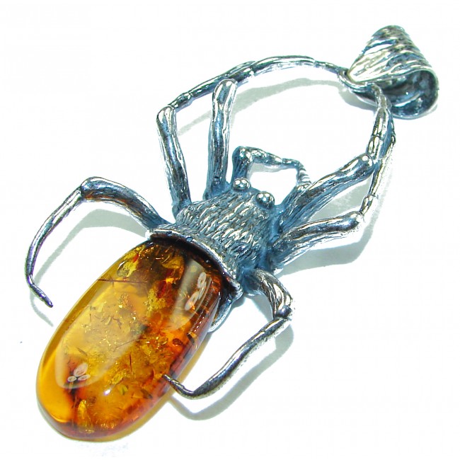 Masterpiece Golden Spider Natural Baltic Amber .925 Sterling Silver handmade Pendant