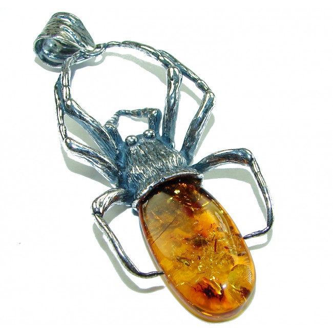 Masterpiece Golden Spider Natural Baltic Amber .925 Sterling Silver handmade Pendant