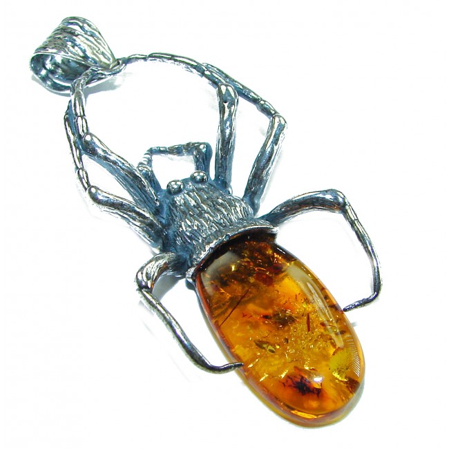 Masterpiece Golden Spider Natural Baltic Amber .925 Sterling Silver handmade Pendant