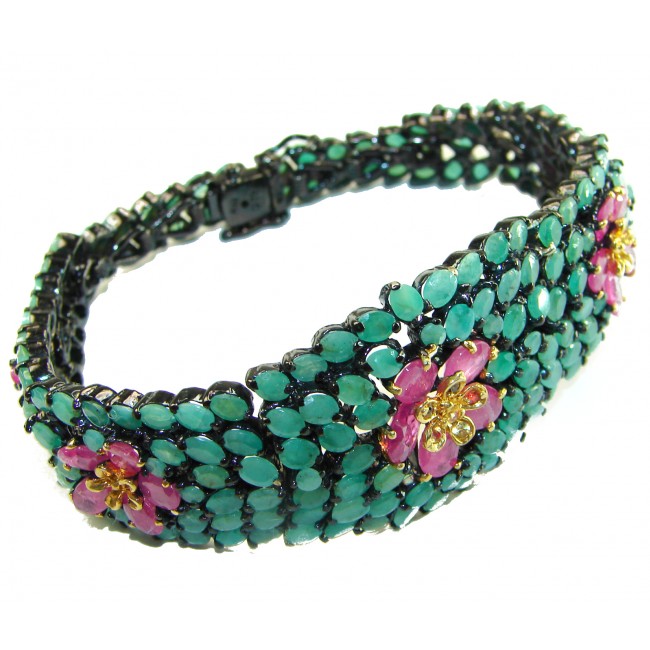 Exotic Flowers 121.5 carat Colombian Emerald black rhodium over .925 Sterling Silver handcrafted bracelet