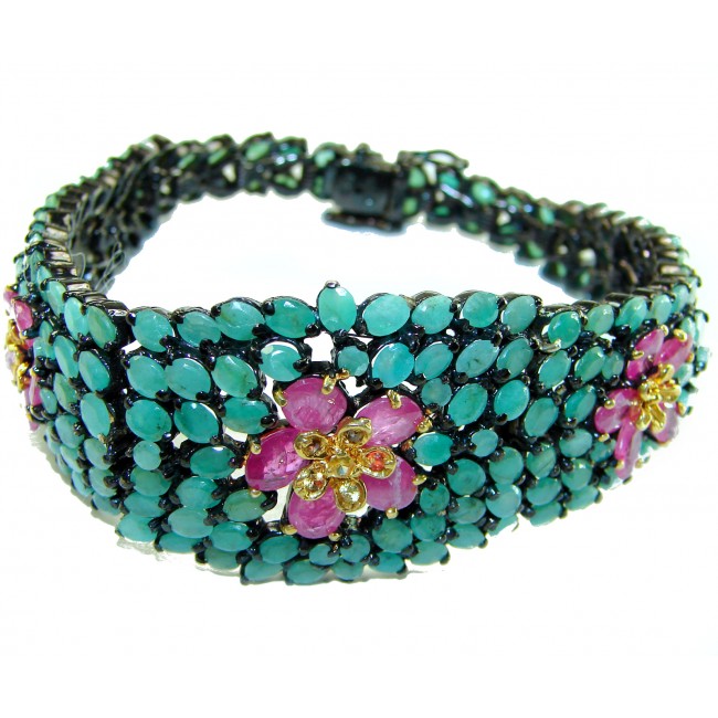 Exotic Flowers 121.5 carat Colombian Emerald black rhodium over .925 Sterling Silver handcrafted bracelet