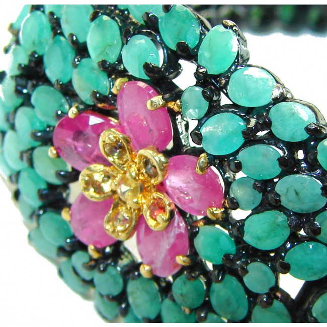 Exotic Flowers 121.5 carat Colombian Emerald black rhodium over .925 Sterling Silver handcrafted bracelet