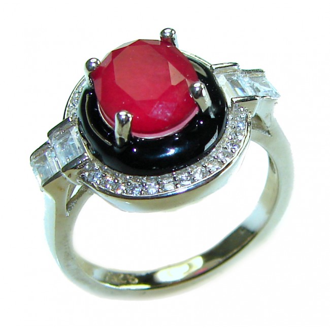 Art Deco 5.2 carat Ruby black enamel .925 Sterling Silver handmade Ring size 6 1/4