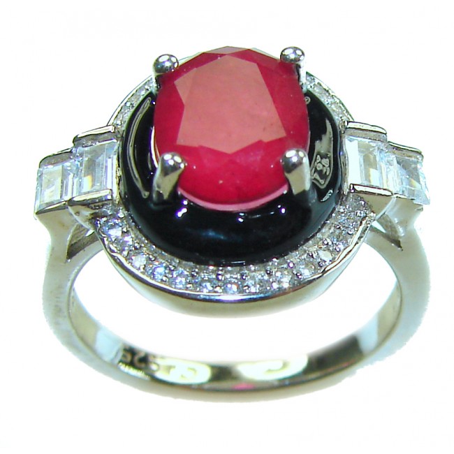 Art Deco 5.2 carat Ruby black enamel .925 Sterling Silver handmade Ring size 6 1/4