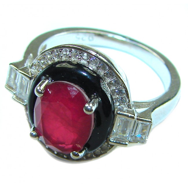 Art Deco 5.2 carat Ruby black enamel .925 Sterling Silver handmade Ring size 6 1/4